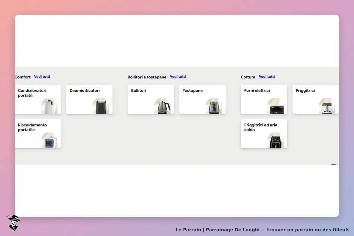 De'Longhi : catégories de produits avec images de climatiseurs, bouilloires, grille-pain et
