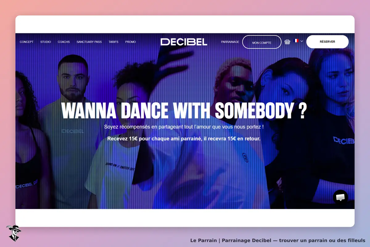 Decibel : page d'accueil avec le slogan "Wanna dance with somebody ?" et des danseurs