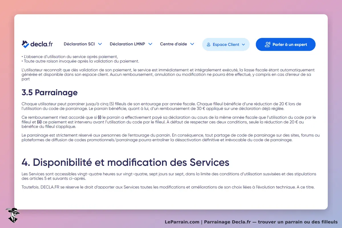 Decla.fr : section sur le parrainage et conditions d'utilisation des services affichées