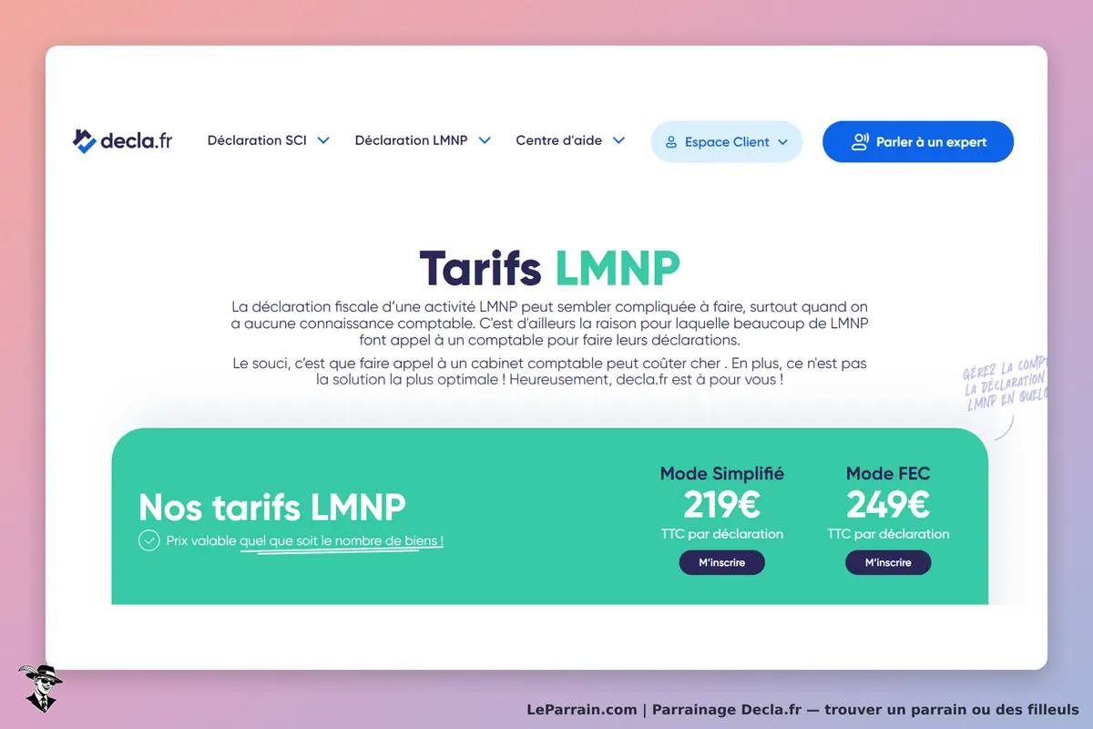 Decla.fr : page présentant les tarifs pour la déclaration LMNP avec options de souscription