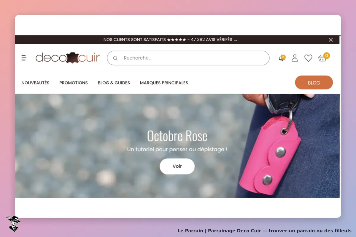 Deco Cuir : page d'accueil avec un message sur "Octobre Rose" et un porte-clés rose
