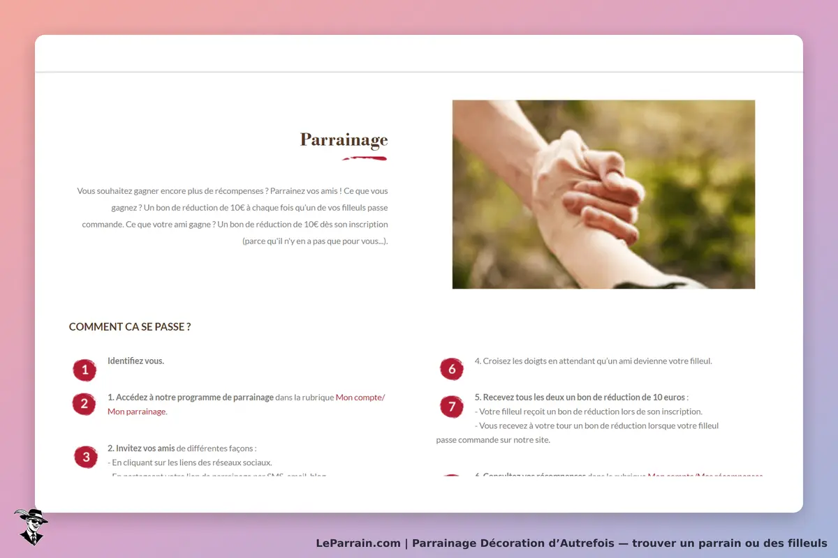 Décoration d’Autrefois : section sur le parrainage avec étapes et illustration de mains liées