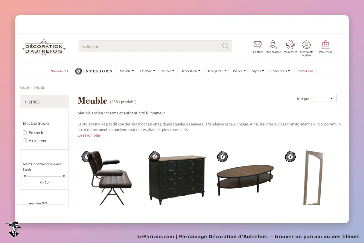 Décoration d’Autrefois : page de meubles avec plusieurs produits affichés et options de filtrage