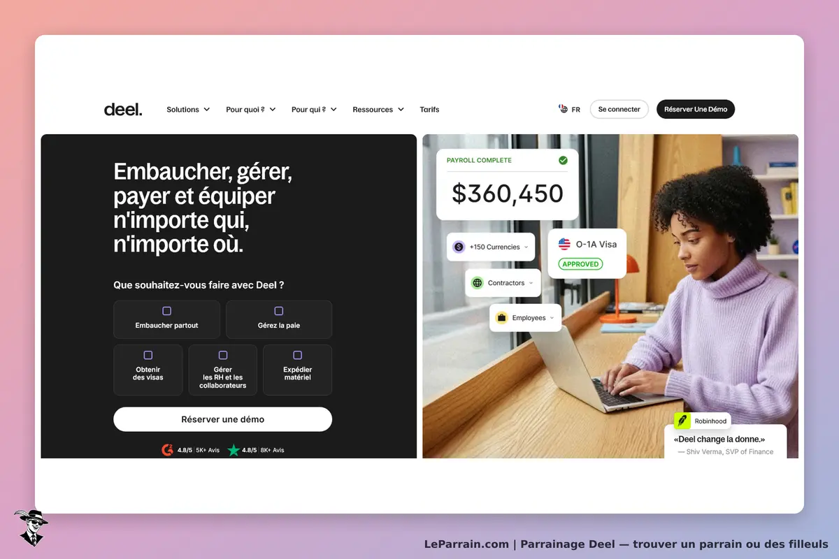 Deel : page d'accueil avec options de services et une femme utilisant un ordinateur portable