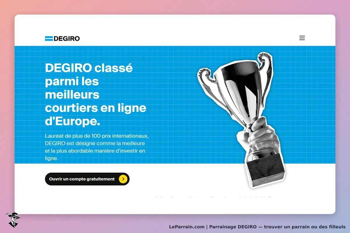 DEGIRO : page d'accueil présentant un trophée et un message sur les meilleurs courtiers en ligne