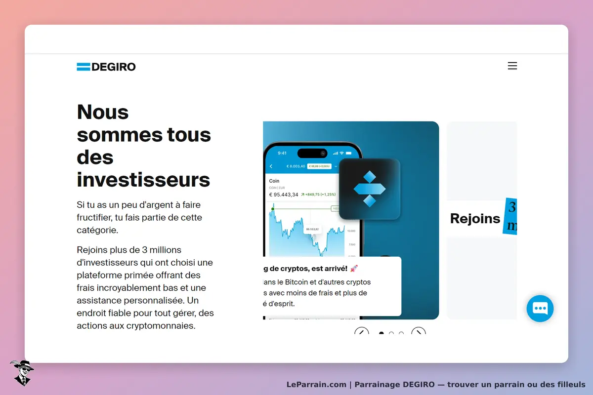 DEGIRO : page d'accueil présentant des informations sur l'investissement et une application mobile