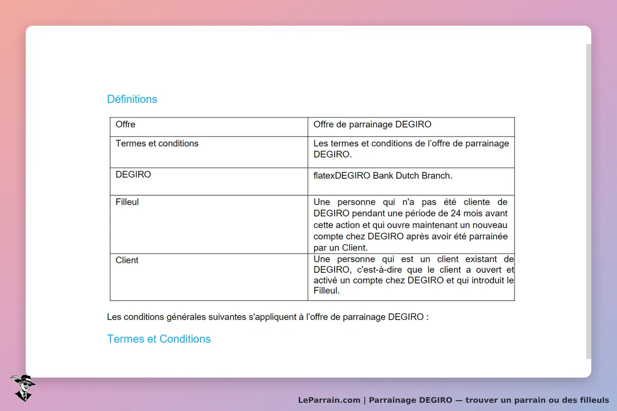 DEGIRO : définitions de l'offre de parrainage et des termes associés sur un document