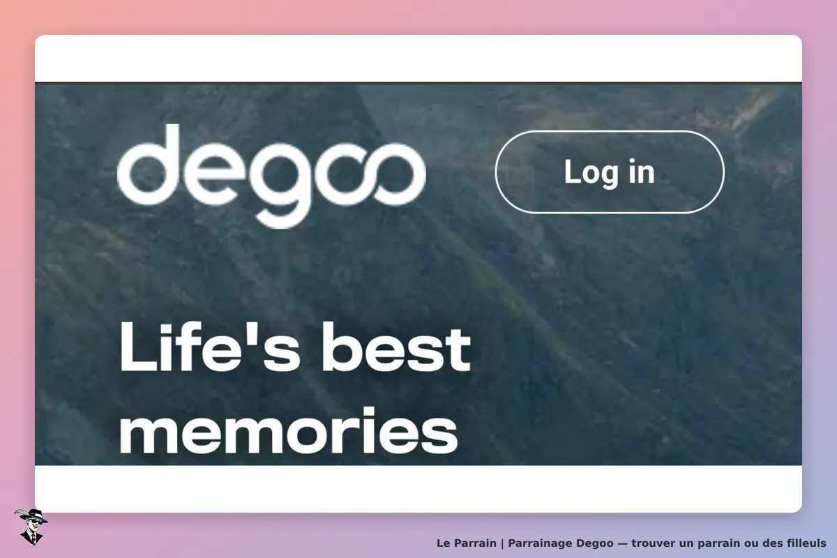 Degoo : logo et slogan "Life's best memories" sur fond d'image de paysage. Bouton de connexion