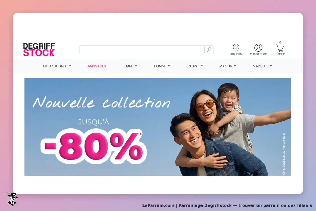 Degriffstock : page d'accueil avec une image de famille souriante et une annonce de nouvelle