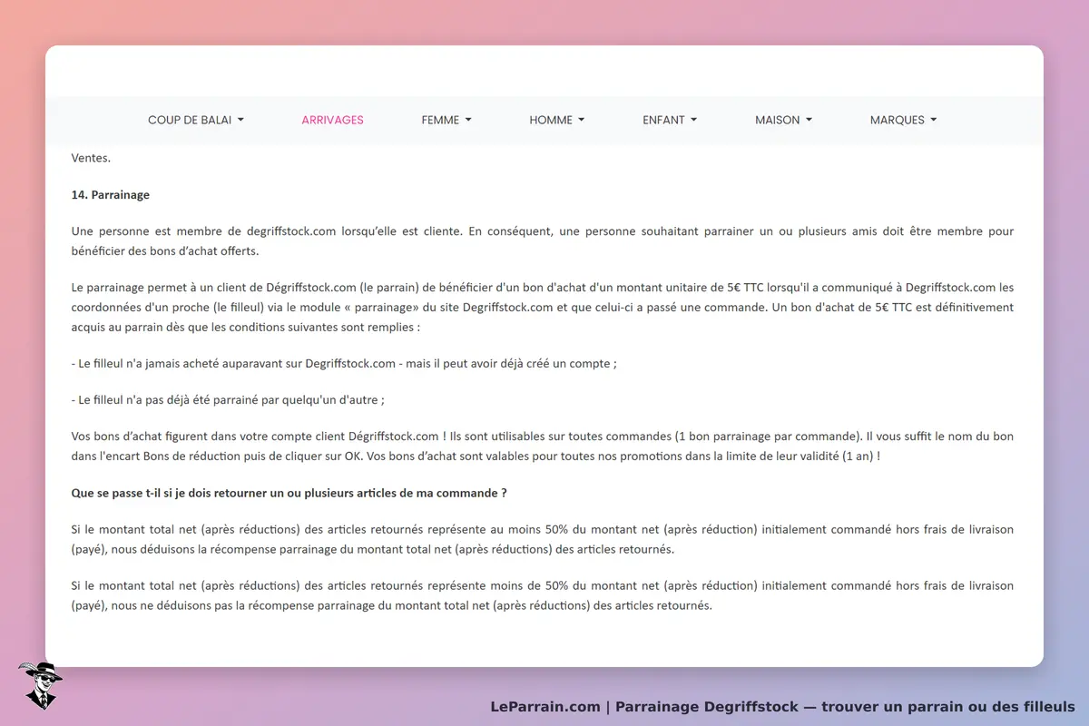 Degriffstock : section sur le parrainage avec conditions et détails sur les bons d'achat