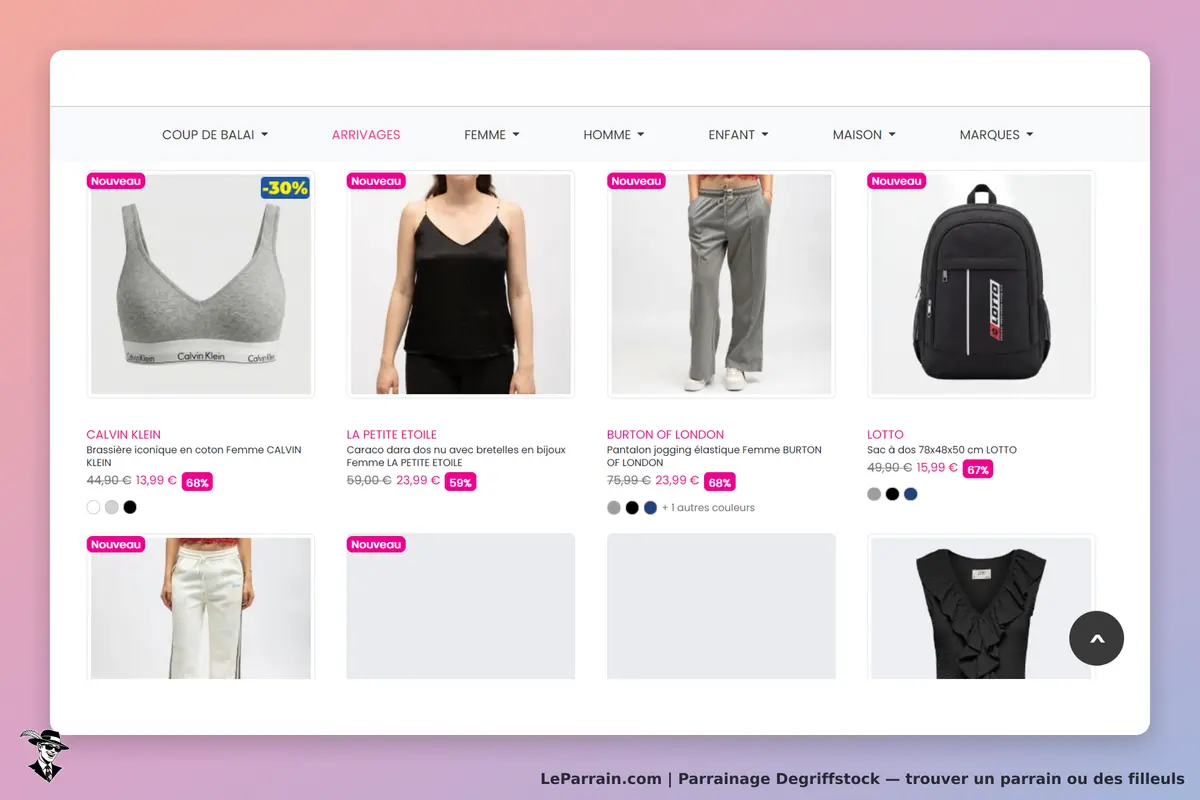 Degriffstock : produits de mode femme affichés avec descriptions et images sur la page d'accueil