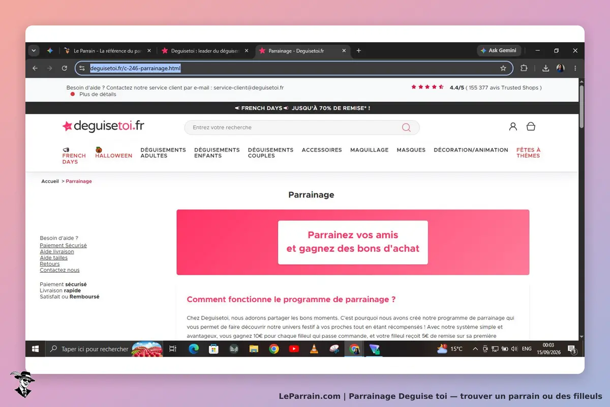 Deguise toi : page de parrainage avec un bouton et des explications sur le programme