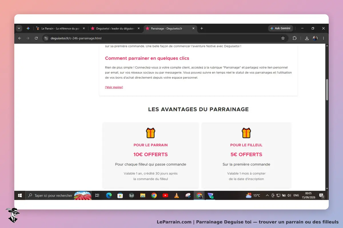 Deguise toi : page sur le parrainage avec avantages pour le parrain et le filleul