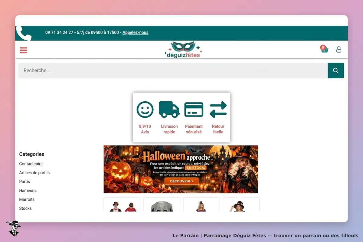 Déguiz Fêtes : page d'accueil avec catégories et promotion pour Halloween