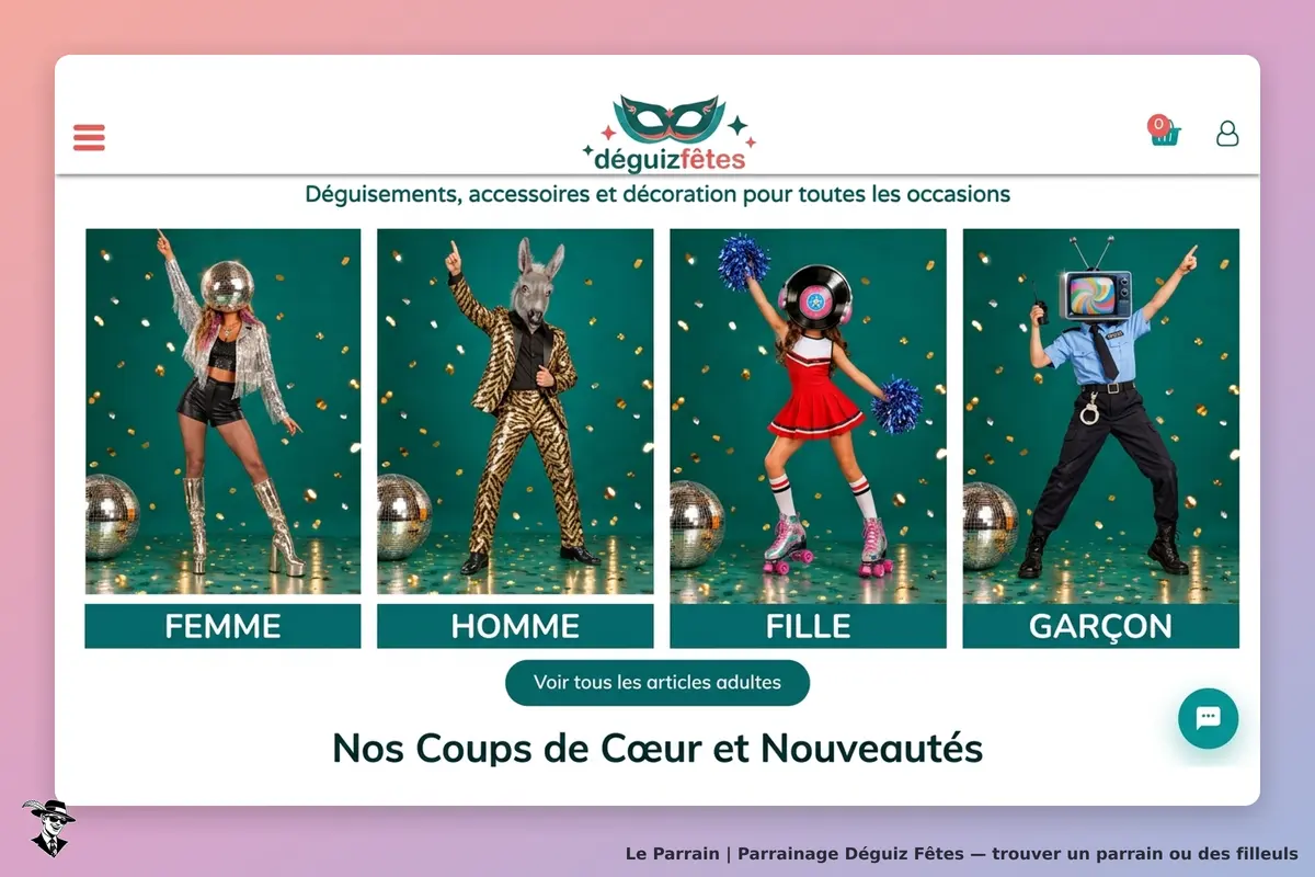 Déguiz Fêtes : quatre personnes déguisées avec des accessoires festifs sur fond vert