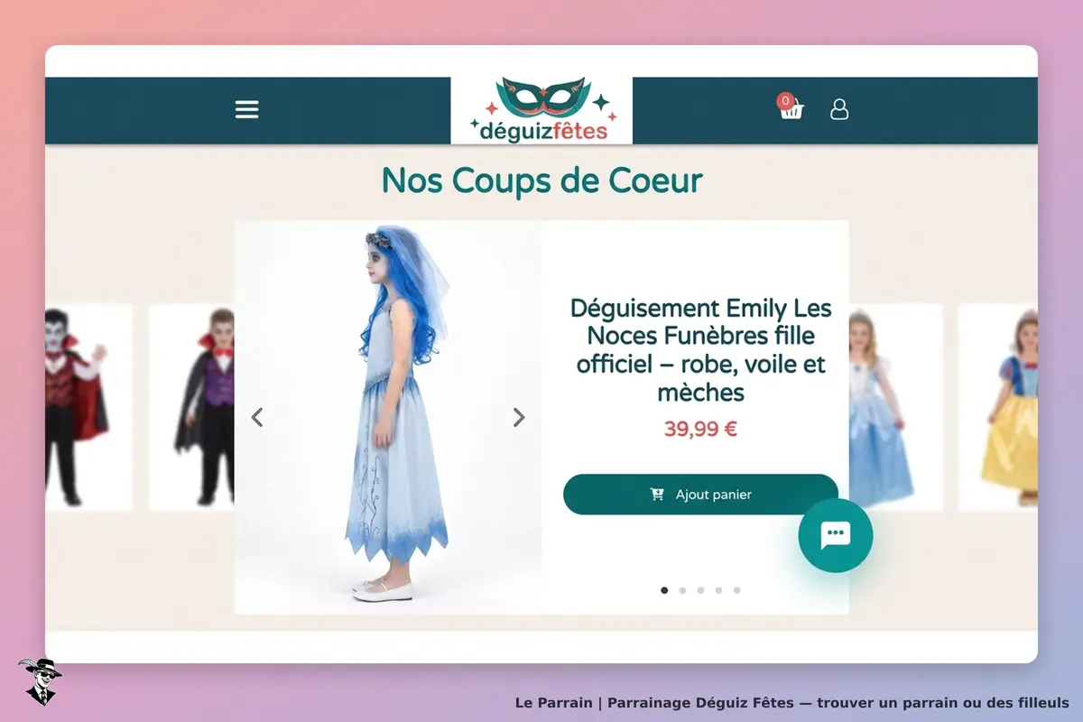 Déguiz Fêtes : page d'accueil avec un déguisement de fille et d'autres costumes en arrière-plan