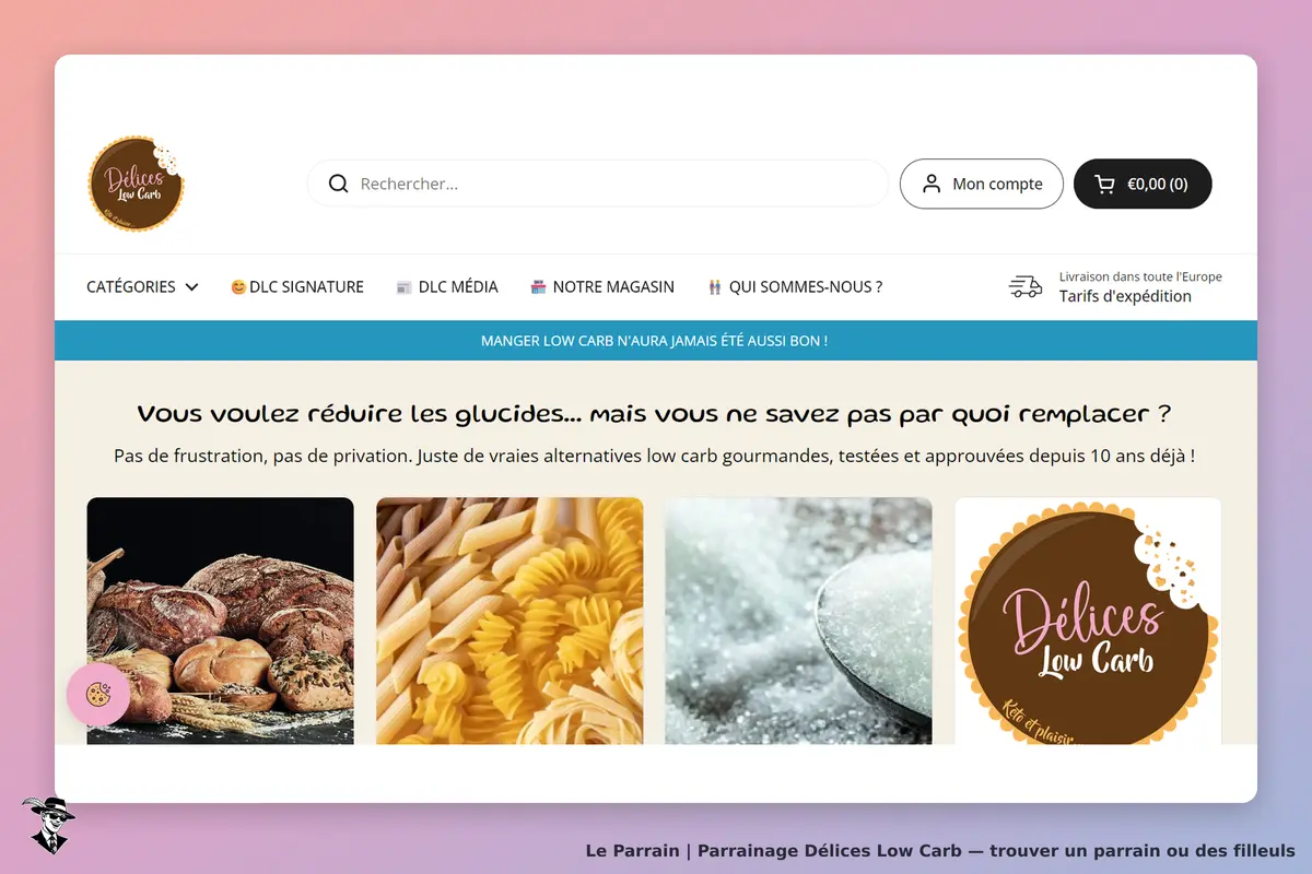 Délices Low Carb : page d'accueil avec produits et message sur les alternatives low carb