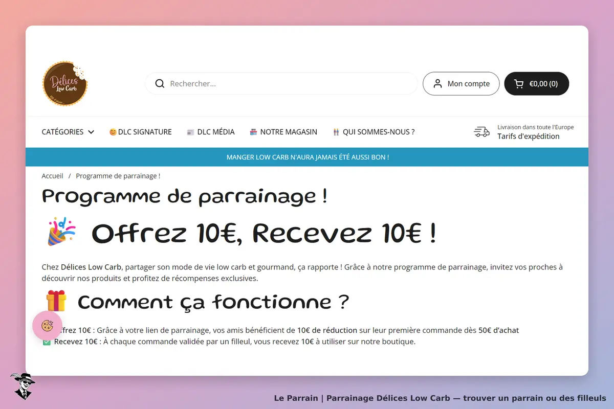 Délices Low Carb : page d'accueil avec programme de parrainage et explications sur son