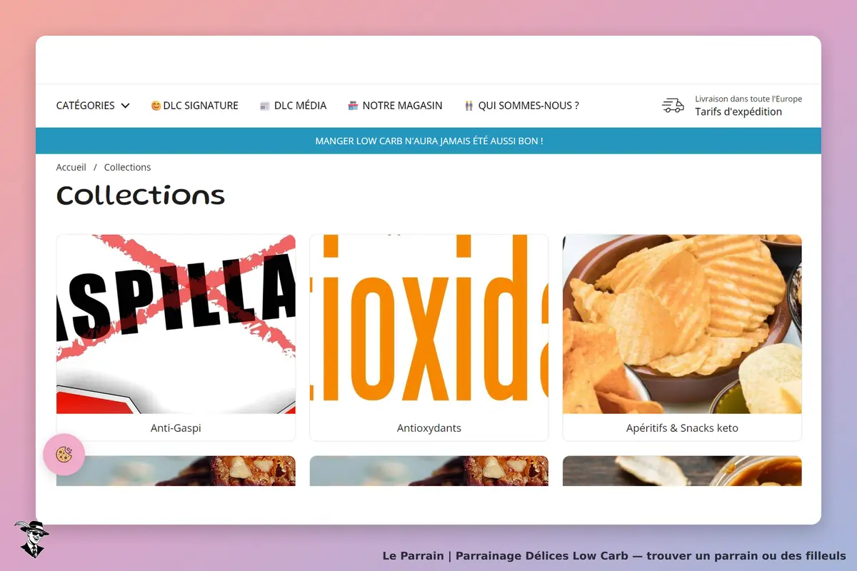 Délices Low Carb : page d'accueil avec catégories de produits et images de snacks keto