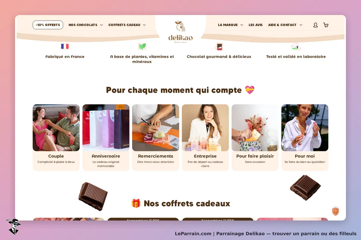 Delikao : page d'accueil présentant des coffrets cadeaux pour diverses occasions