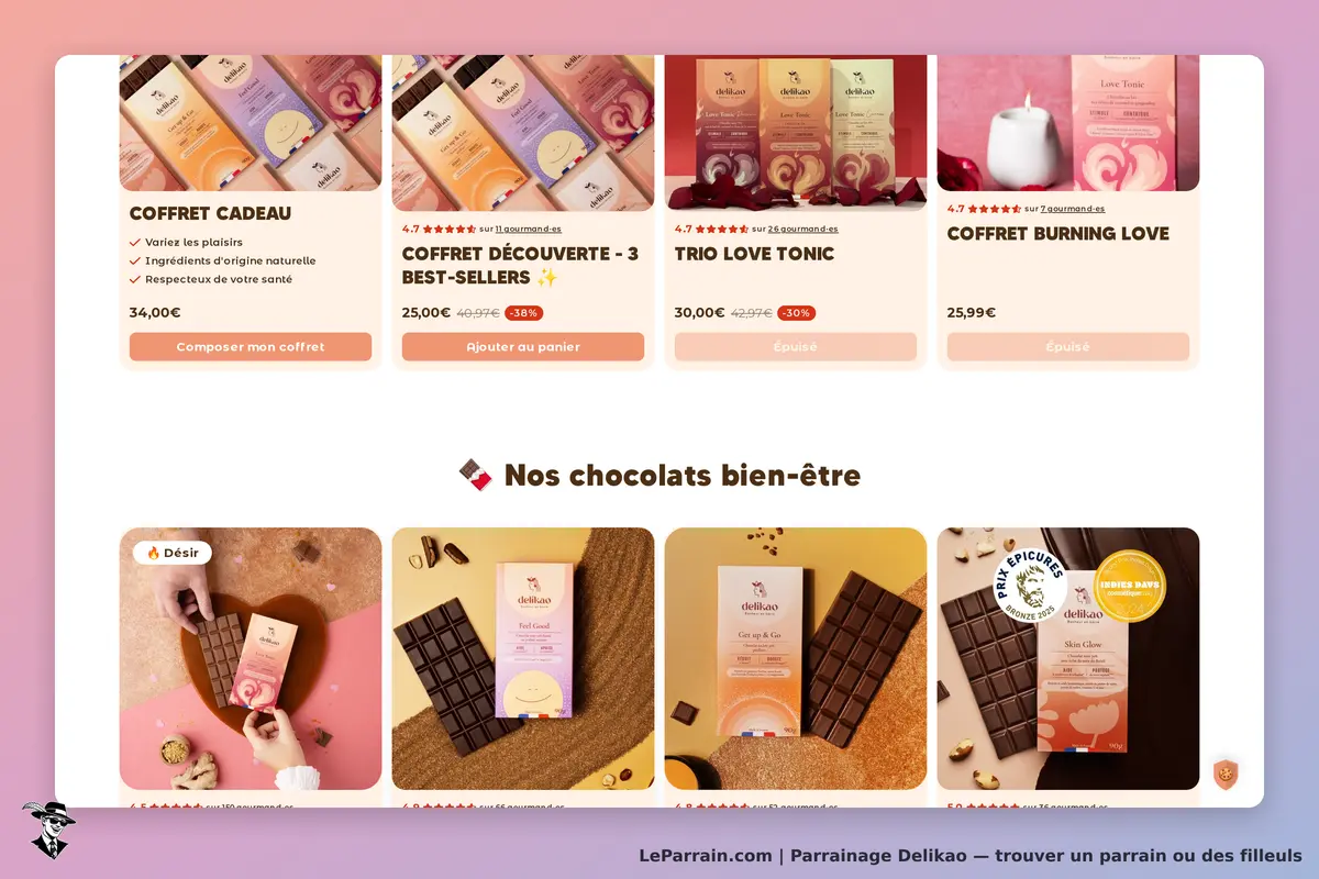 Delikao : page d'accueil présentant divers coffrets et chocolats bien-être