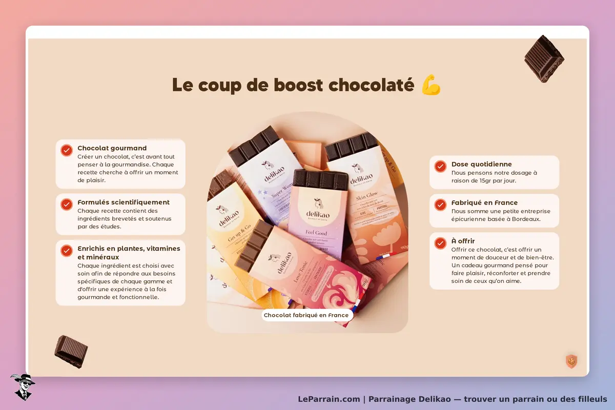 Delikao : présentation de plusieurs tablettes de chocolat avec des descriptions et avantages