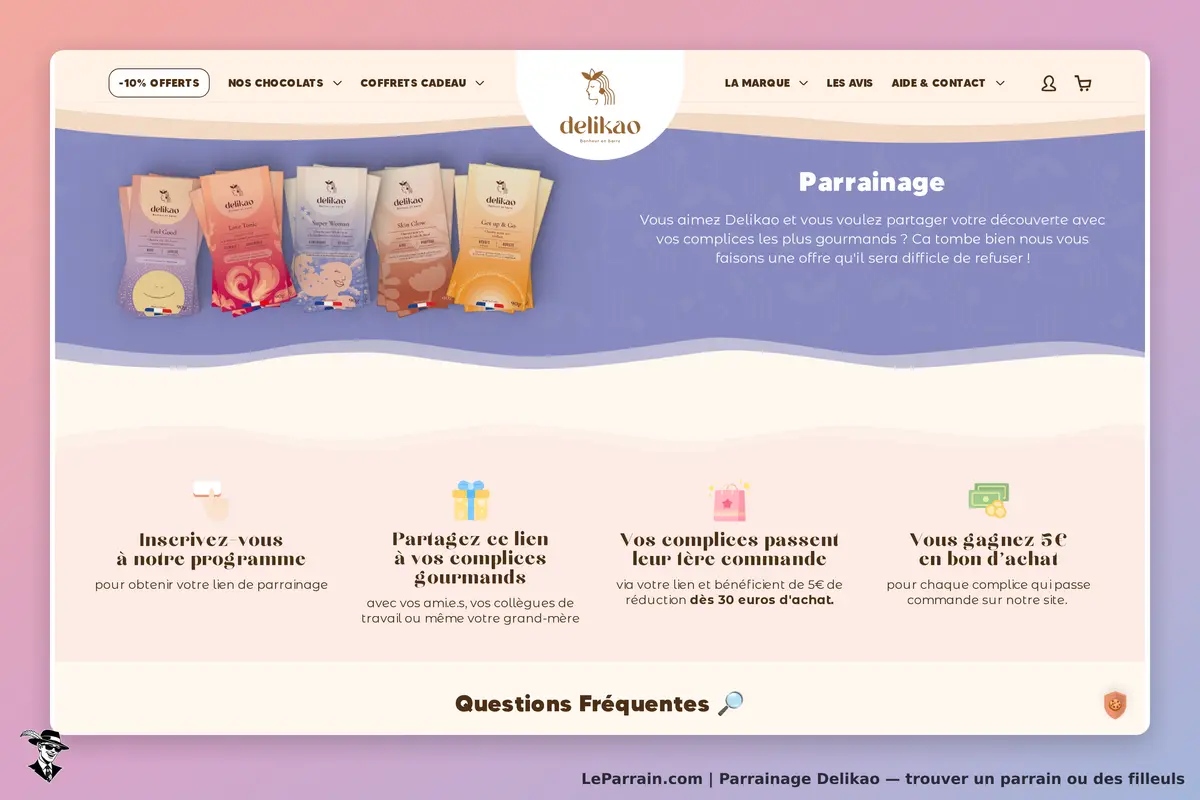 Delikao : page d'accueil avec produits chocolatés et section de parrainage visible