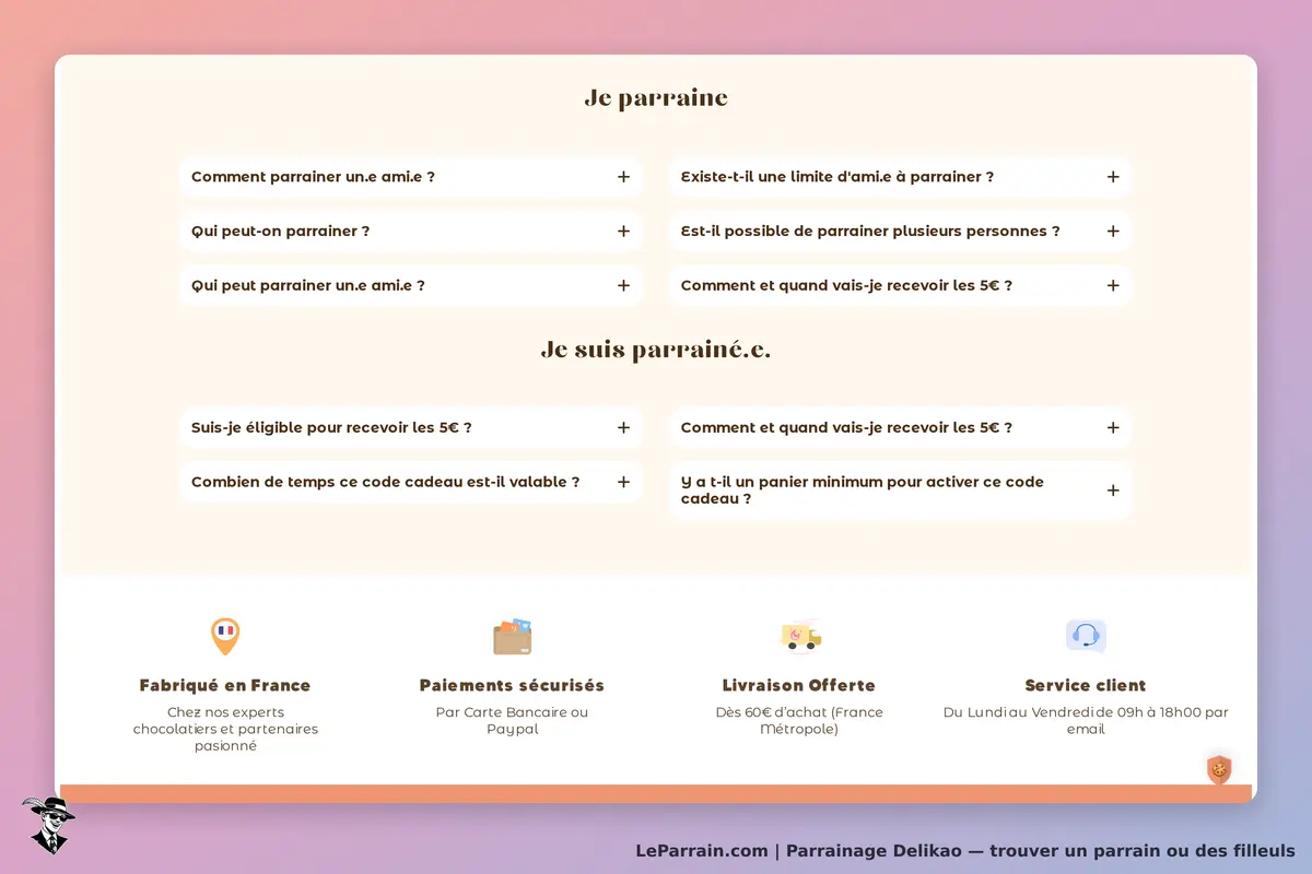Delikao : section FAQ sur le parrainage avec questions et réponses affichées