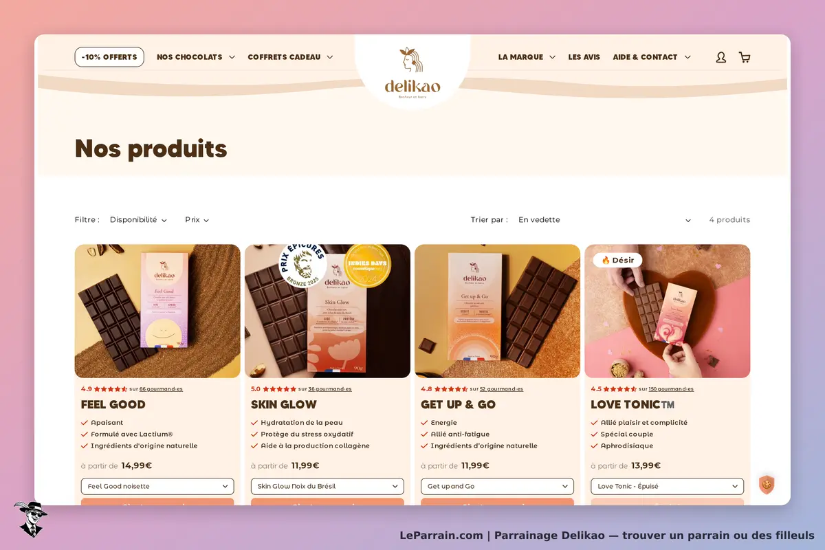 Delikao : catégorie de produits avec chocolat et informations sur chaque article affiché