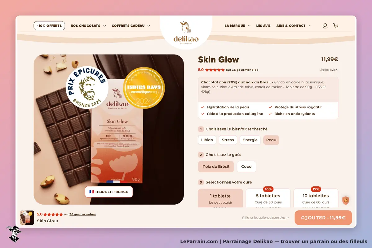 Delikao : produit Skin Glow avec chocolat noir et options de bénéfices et de goût