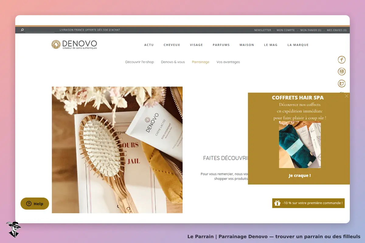 Denovo : page d'accueil avec produits, brosse et crème, et pop-up sur les coffrets Hair Spa