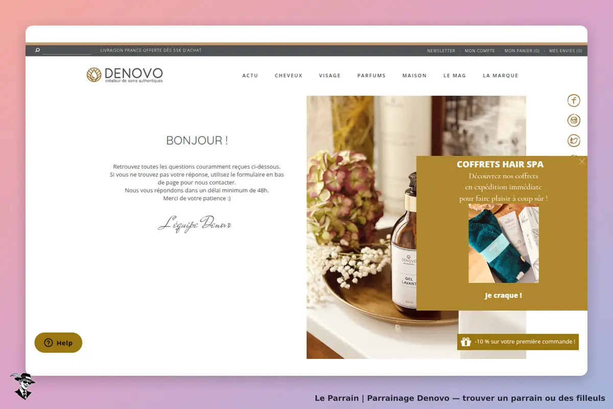 Denovo : page d'accueil avec message de bienvenue et présentation de produits de soin