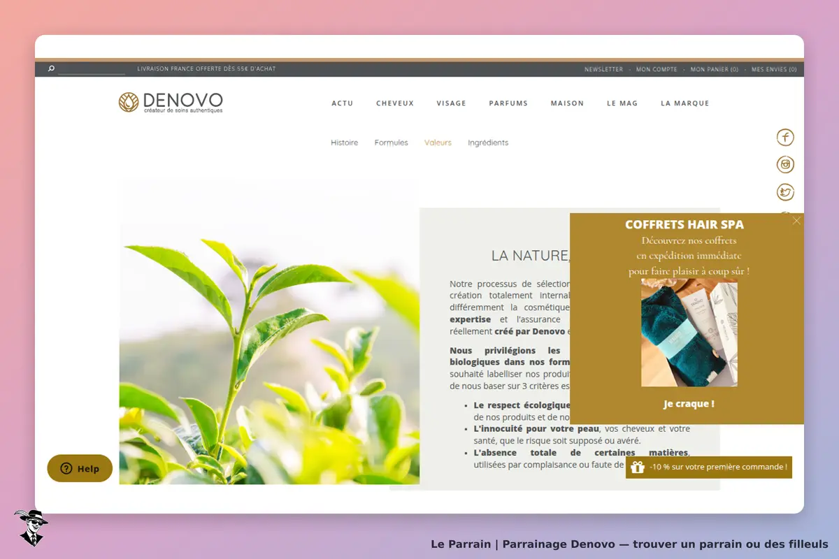 Denovo : page d'accueil avec une image de feuilles et un encadré promotionnel