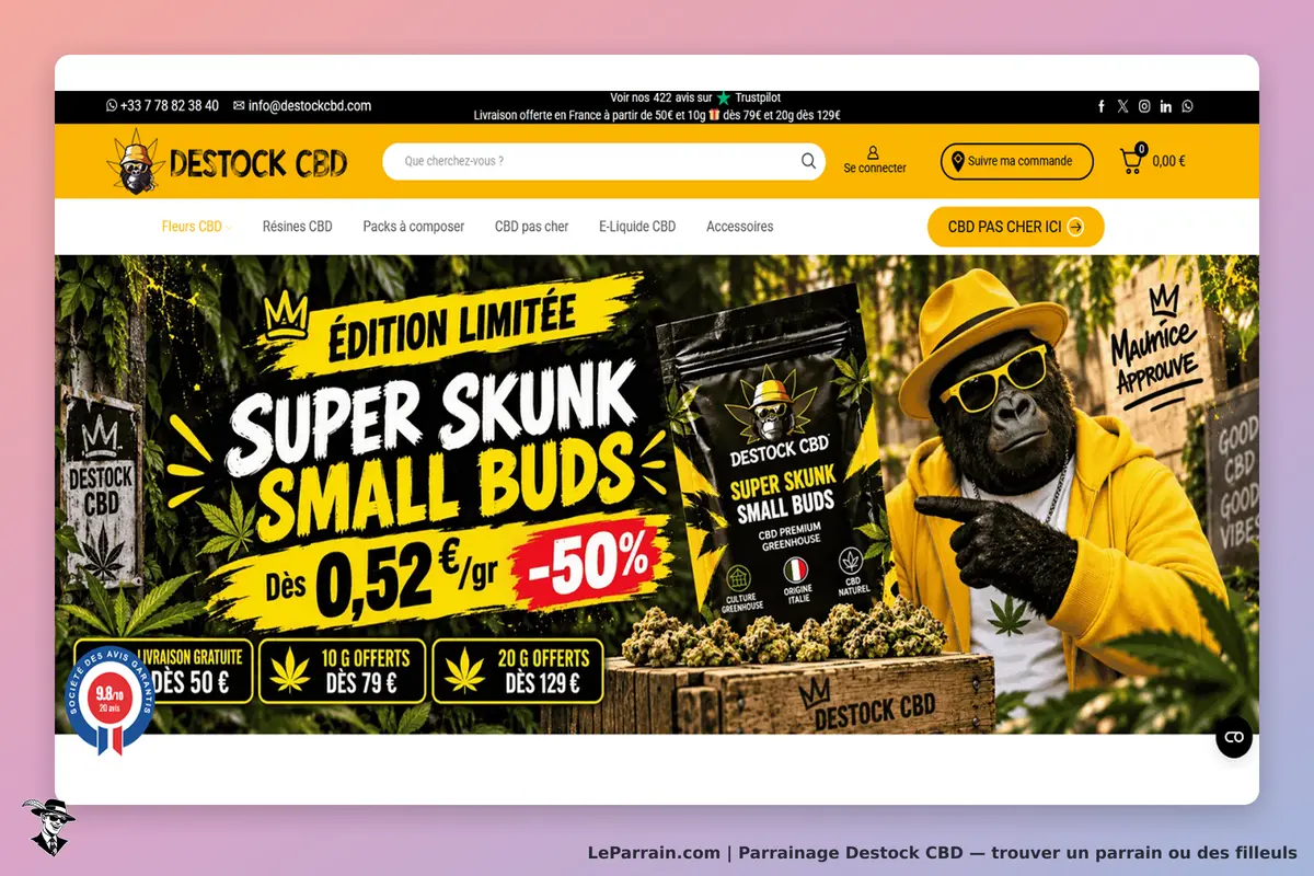 Destock CBD : page d'accueil avec produit Super Skunk et un gorille en tenue jaune