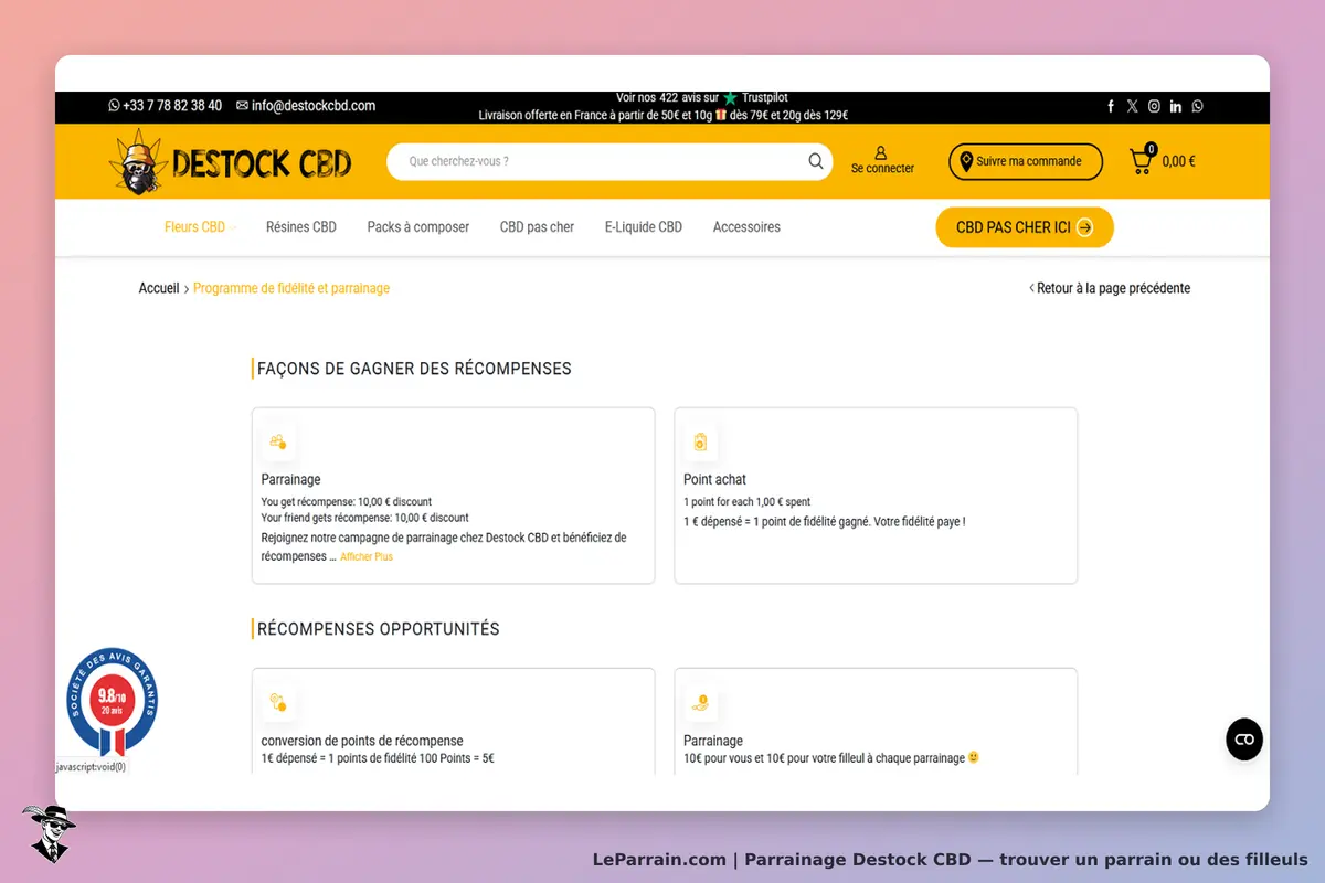 Destock CBD : page d'accueil avec programme de fidélité et parrainage visible
