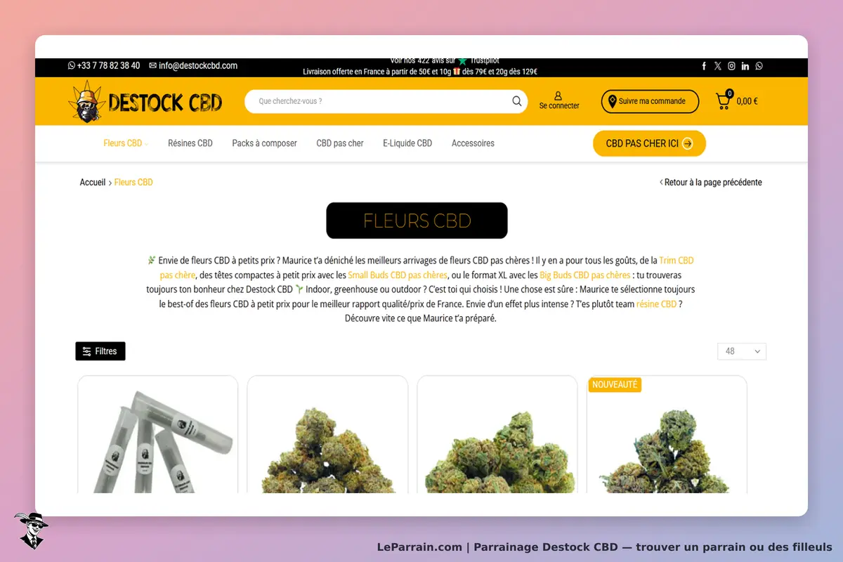 Destock CBD : page d'accueil avec présentation de fleurs CBD et images de produits affichés