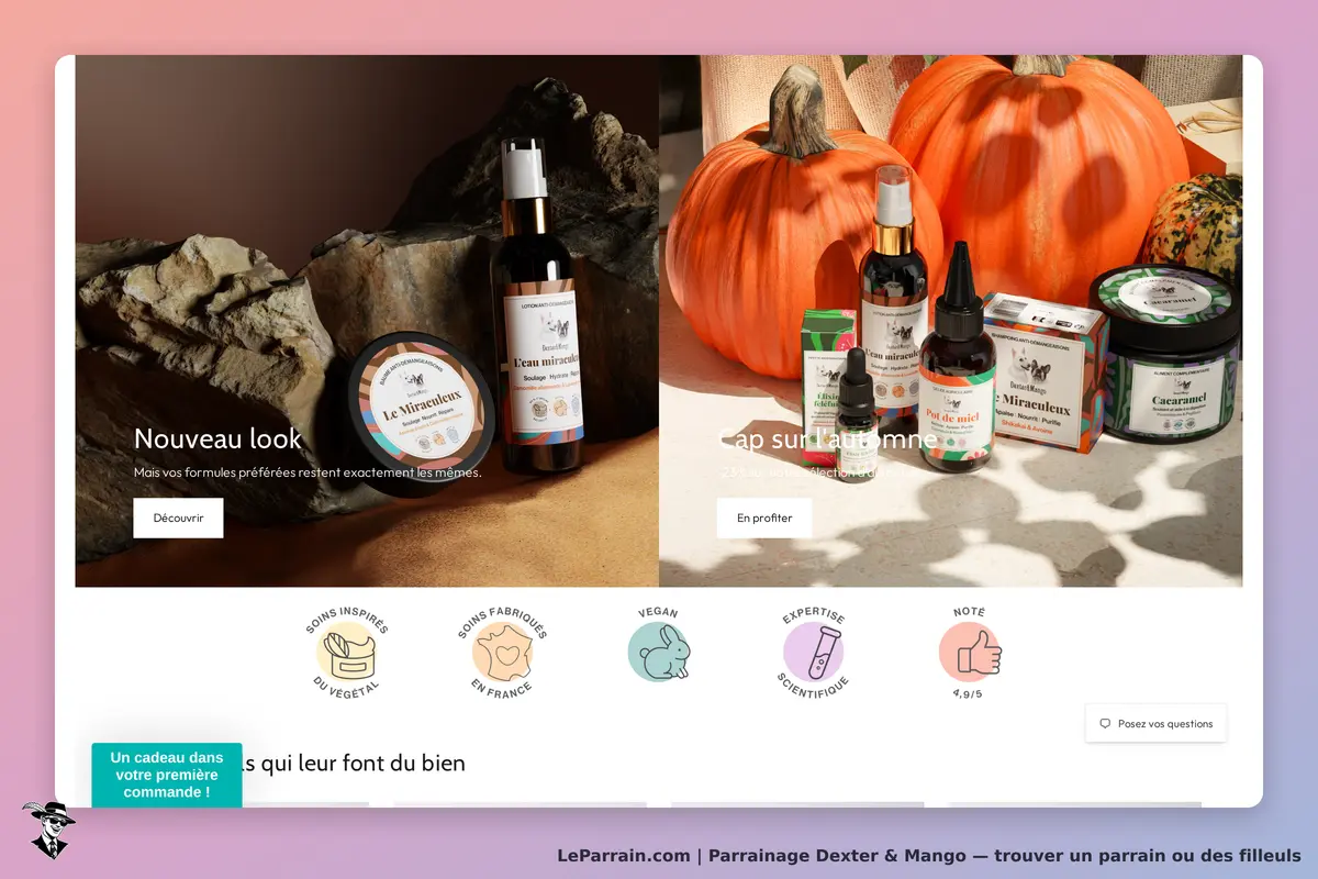 Dexter & Mango : page d'accueil avec produits cosmétiques et décorations automnales