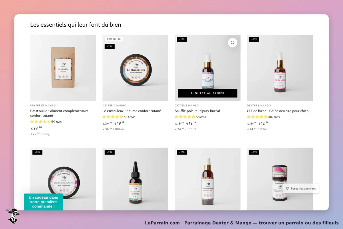 Dexter & Mango : produits de soin pour animaux avec évaluations et options d'ajout au panier