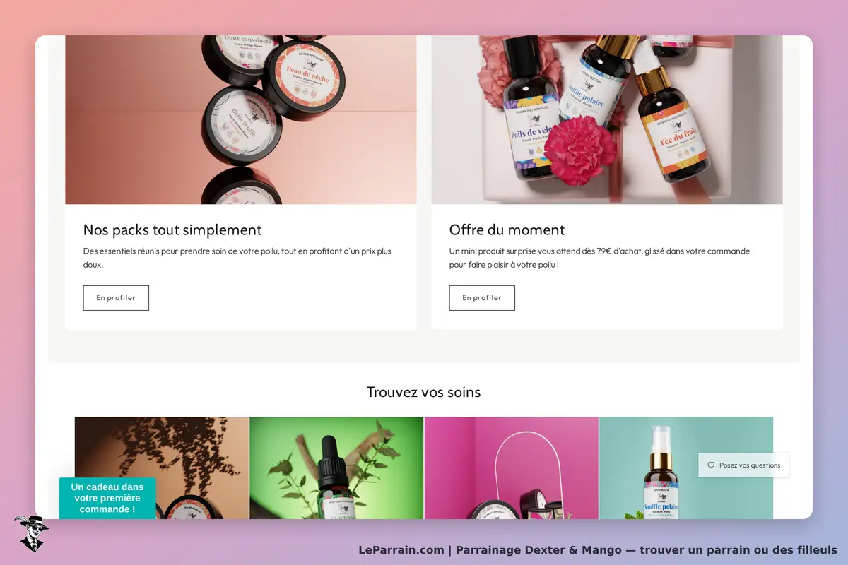 Dexter & Mango : page d'accueil avec packs et produits cosmétiques sur fond coloré