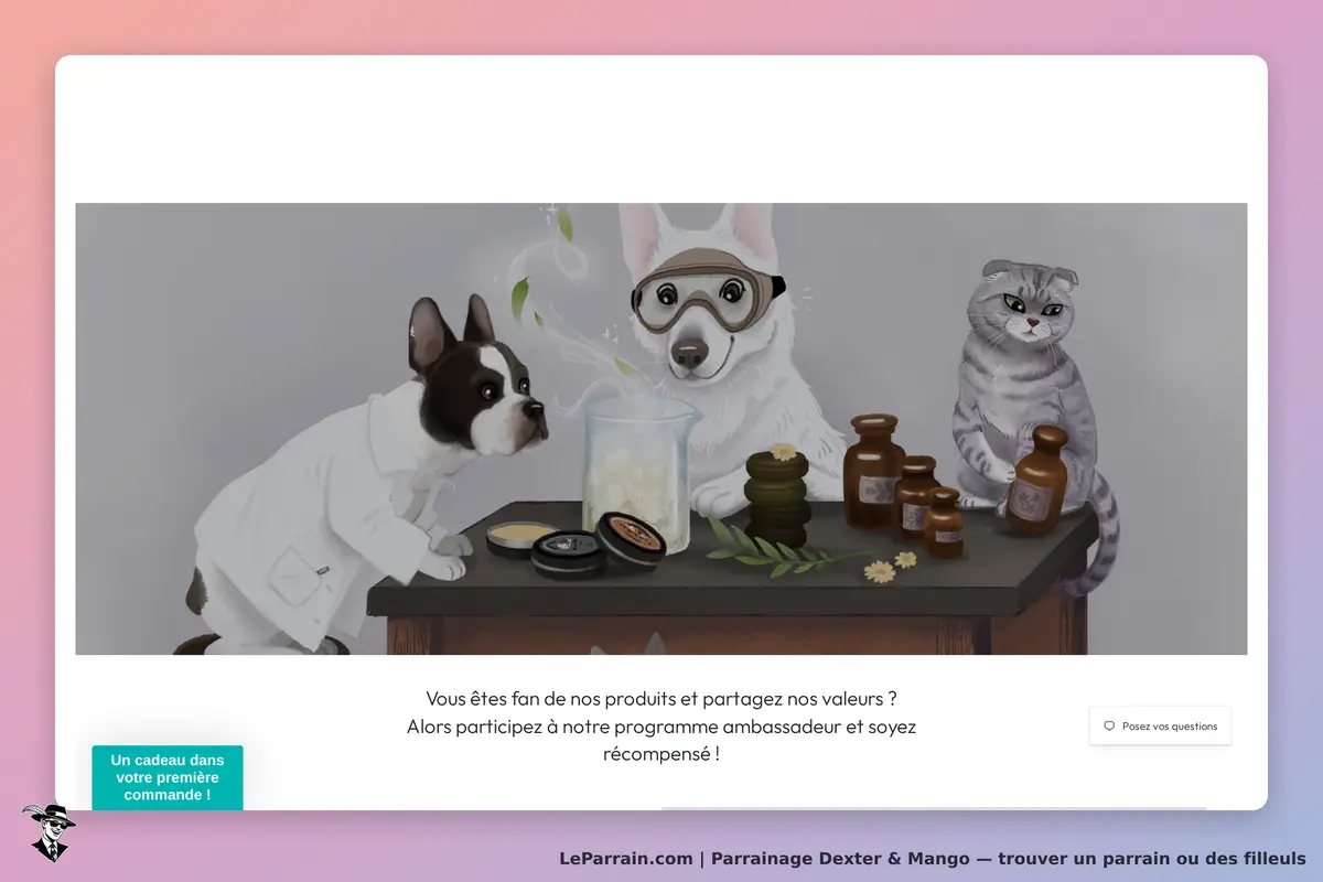 Dexter & Mango : illustration d'animaux en laboratoire avec divers produits sur une table