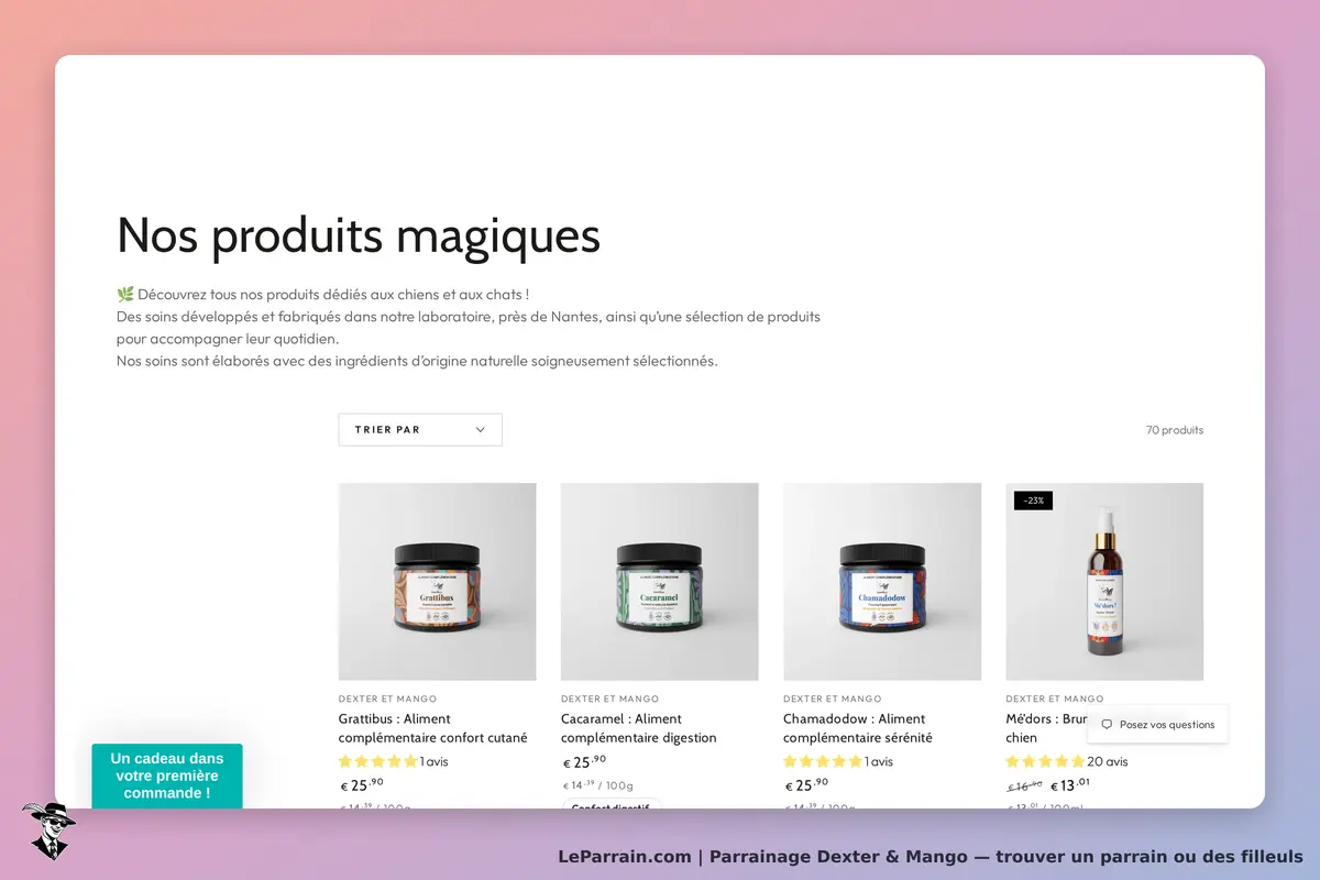 Dexter & Mango : page présentant des produits pour chiens et chats, avec descriptions et avis