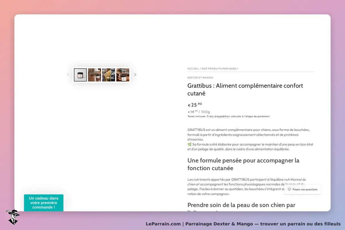 Dexter & Mango : page produit affichant l'aliment complémentaire Grattibus pour chiens