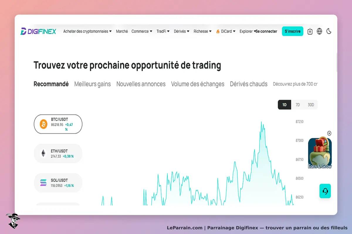 Digifinex : page d'accueil avec des options de trading et un graphique de prix des cryptomonnaies