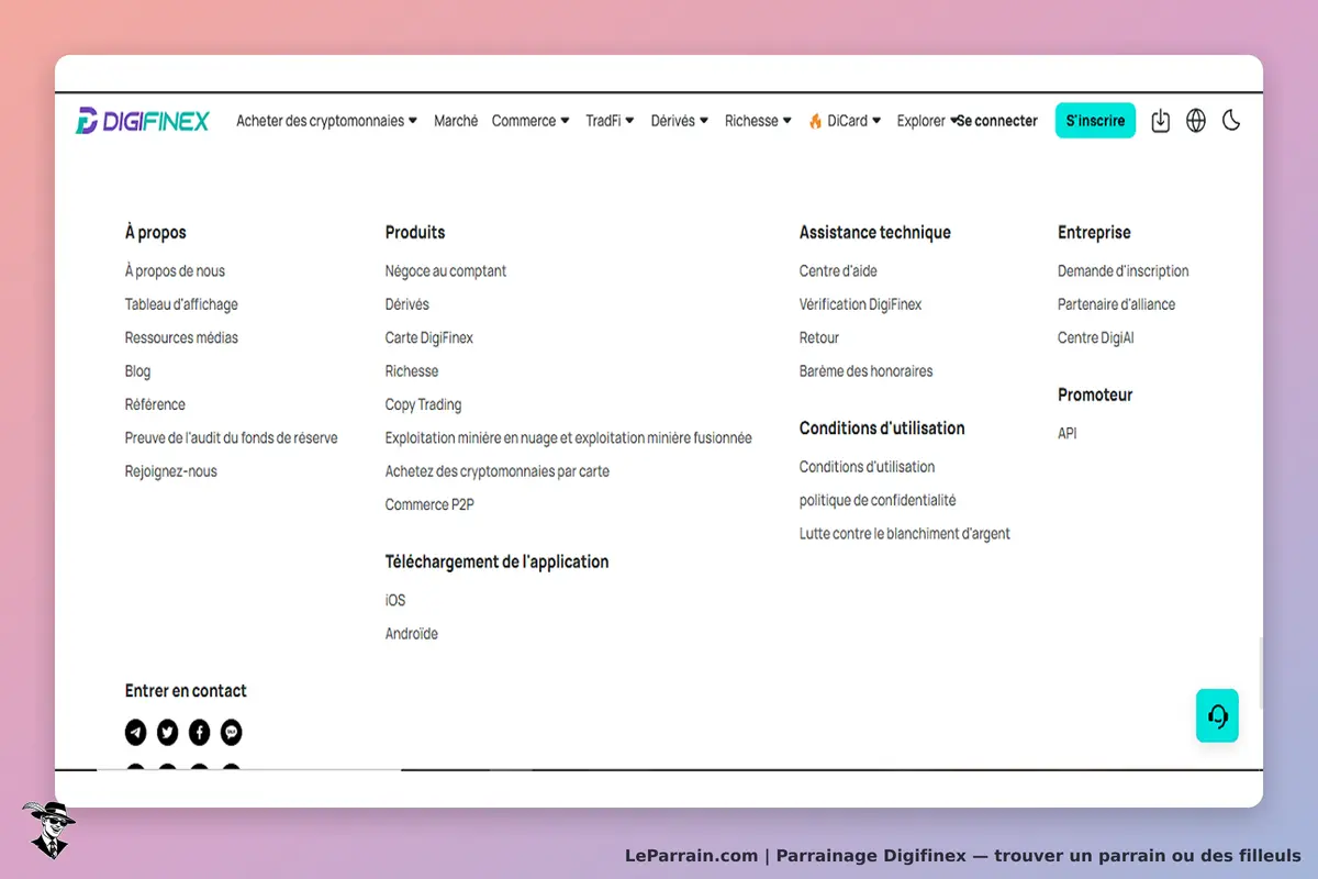 Digifinex : menu de navigation avec sections sur les produits et assistance technique