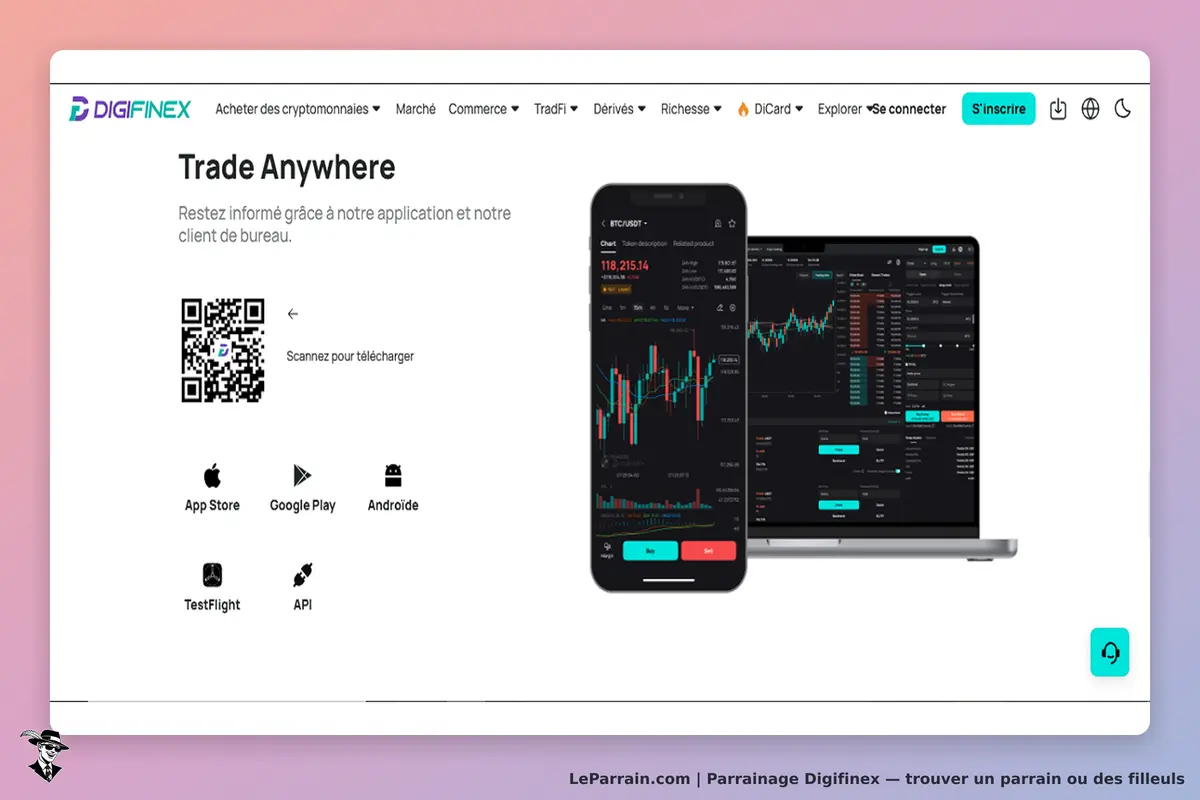 Digifinex : page d'accueil avec application mobile et interface de trading sur ordinateur