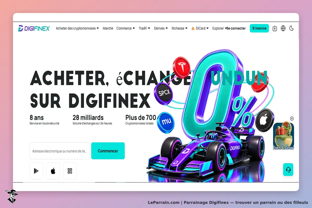 Digifinex : page d'accueil avec un bolide de course et des éléments graphiques colorés