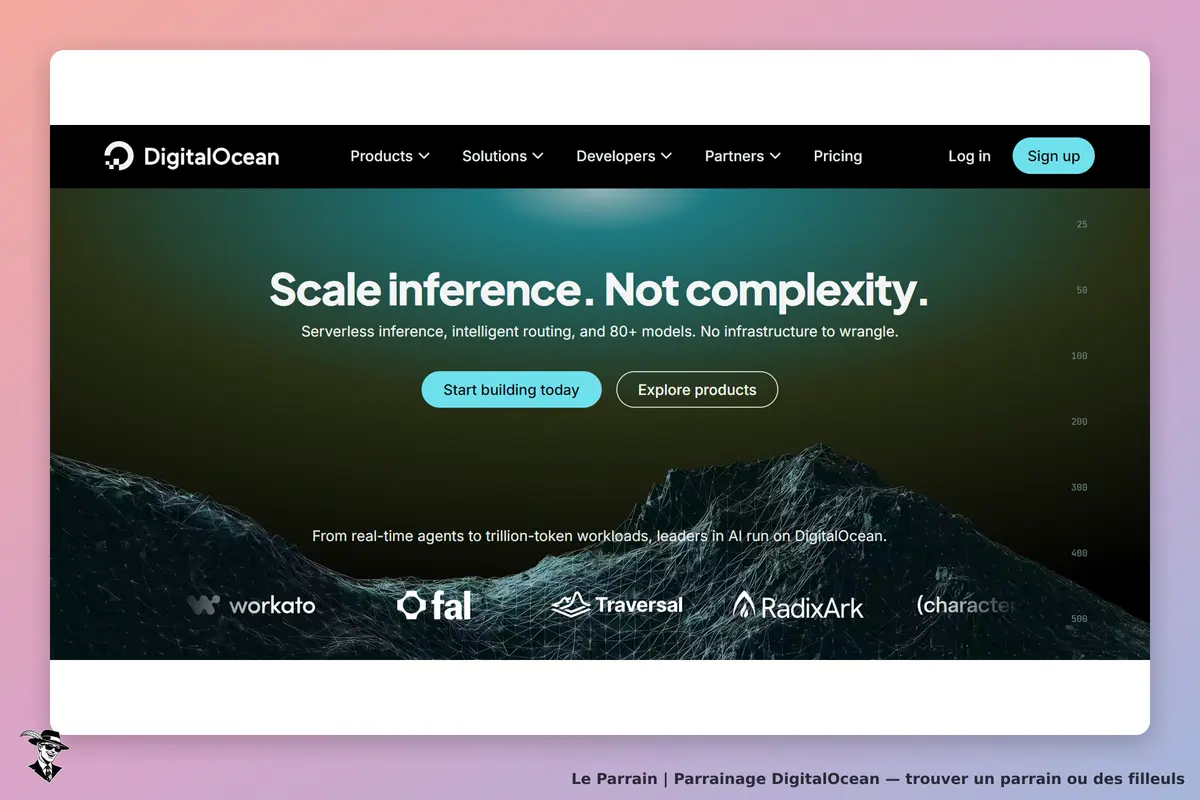 DigitalOcean : page d'accueil avec un slogan sur l'inférence et des logos d'entreprises