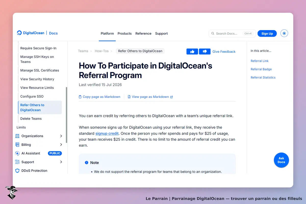 DigitalOcean : page d'aide sur le programme de parrainage avec instructions et note