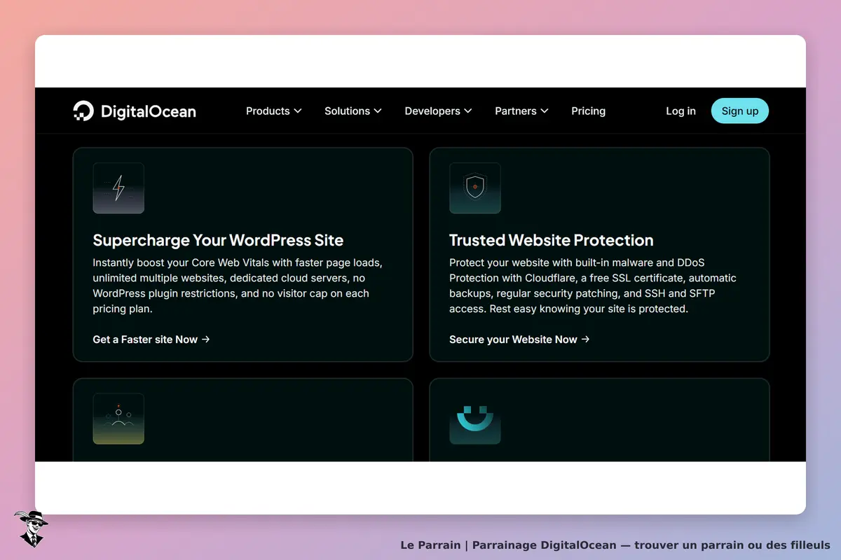 DigitalOcean : page d'accueil avec services pour WordPress et protection de site web