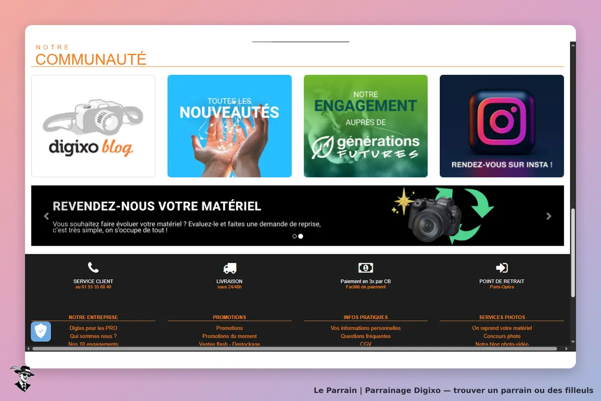 Digixo : page d'accueil avec sections sur les nouveautés et le blog, et informations pratiques